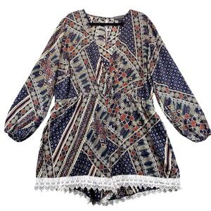 Forever 21 Plus Size 3X Boho Geometric Crochet Lace Trim Long Sleeve Romper Navy